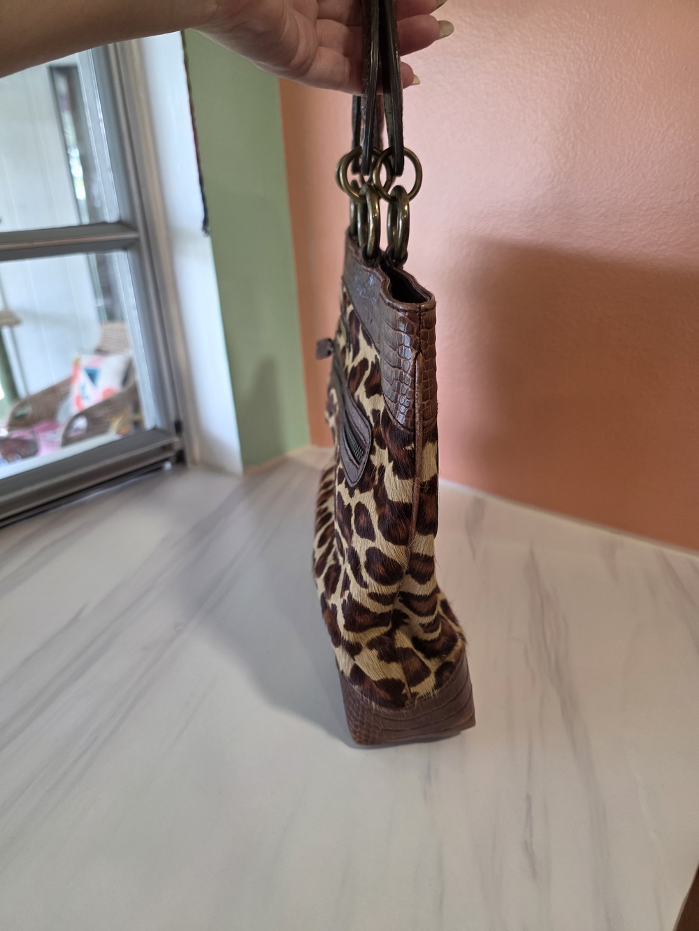 Isabella Fiore Brown Leopard Cowhide Fur Top-Handle Tote Luxury Animal Print Bag - Picture 11 of 16